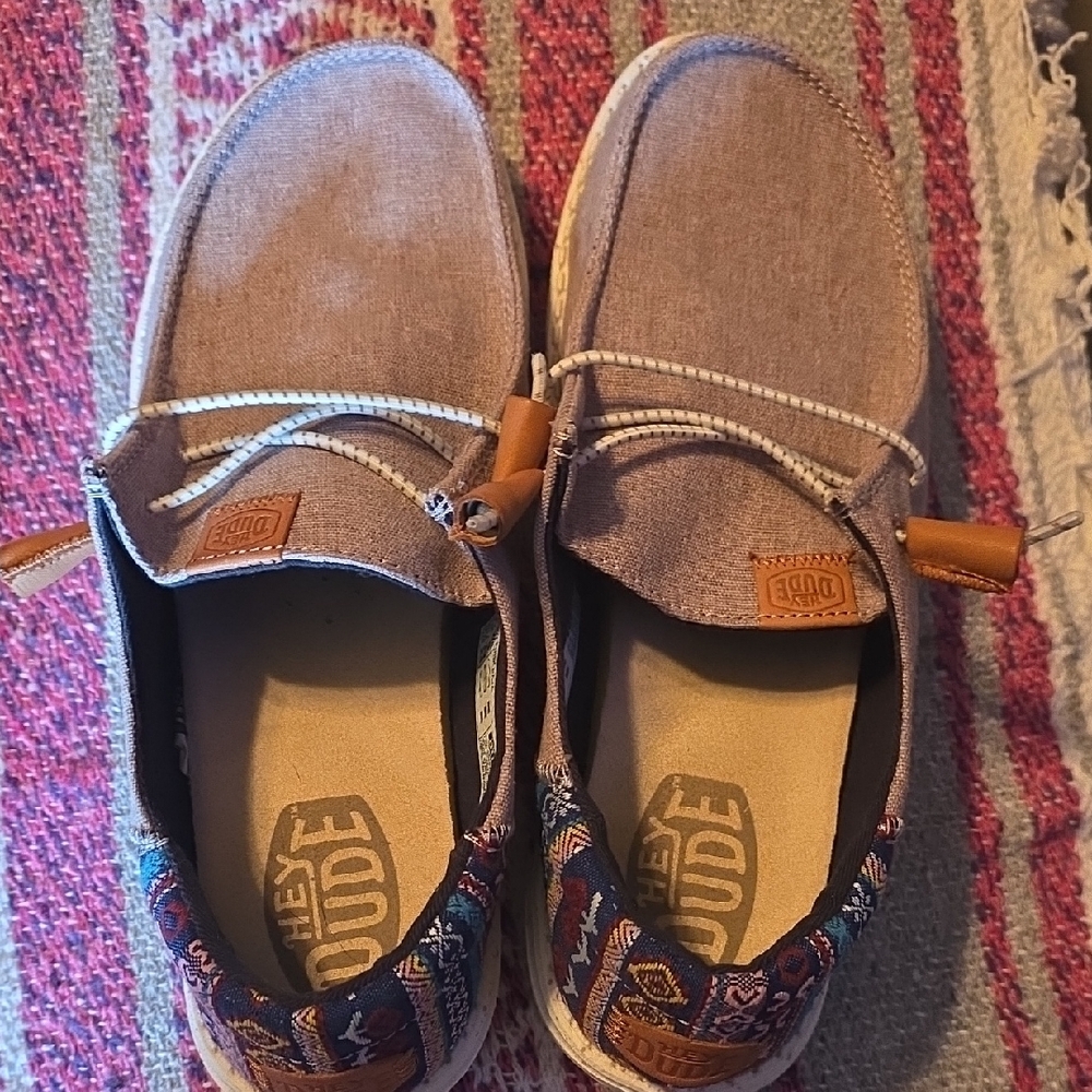 Hey Dude Light Gray Canvas Women's Casual Flats with Brown Accents - Picture 5 of 5